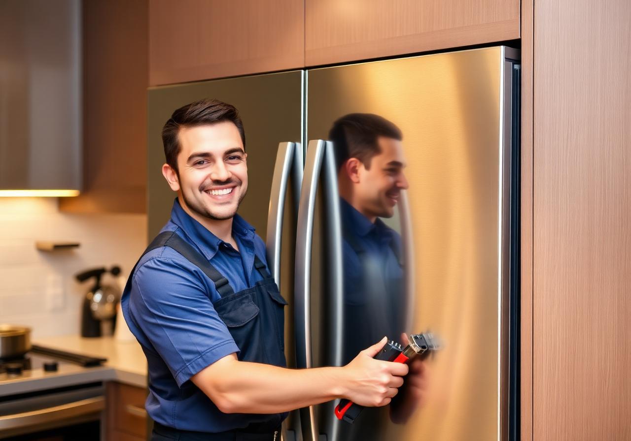 Primagate technician repairing a stainless steel refrigerator in a Beverly Hills home